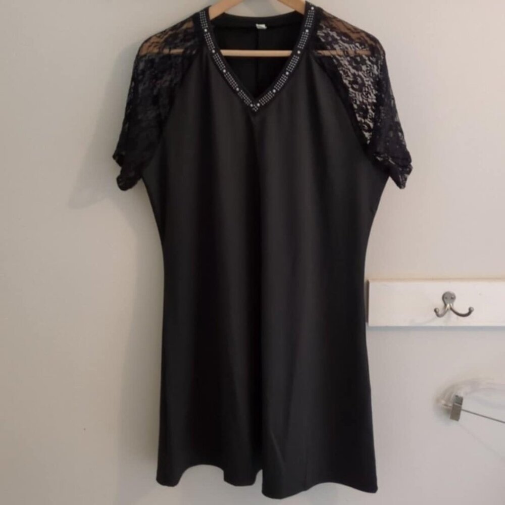 YME 3XL Black Studded Lace Sleeve Dress Rhinestones VNeck Whimsigoth Rock Plus